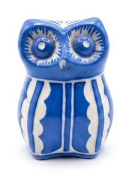 Vintage Pablo Zabal Chile Pottery Owl Figurine Blue White Signed 3.25"